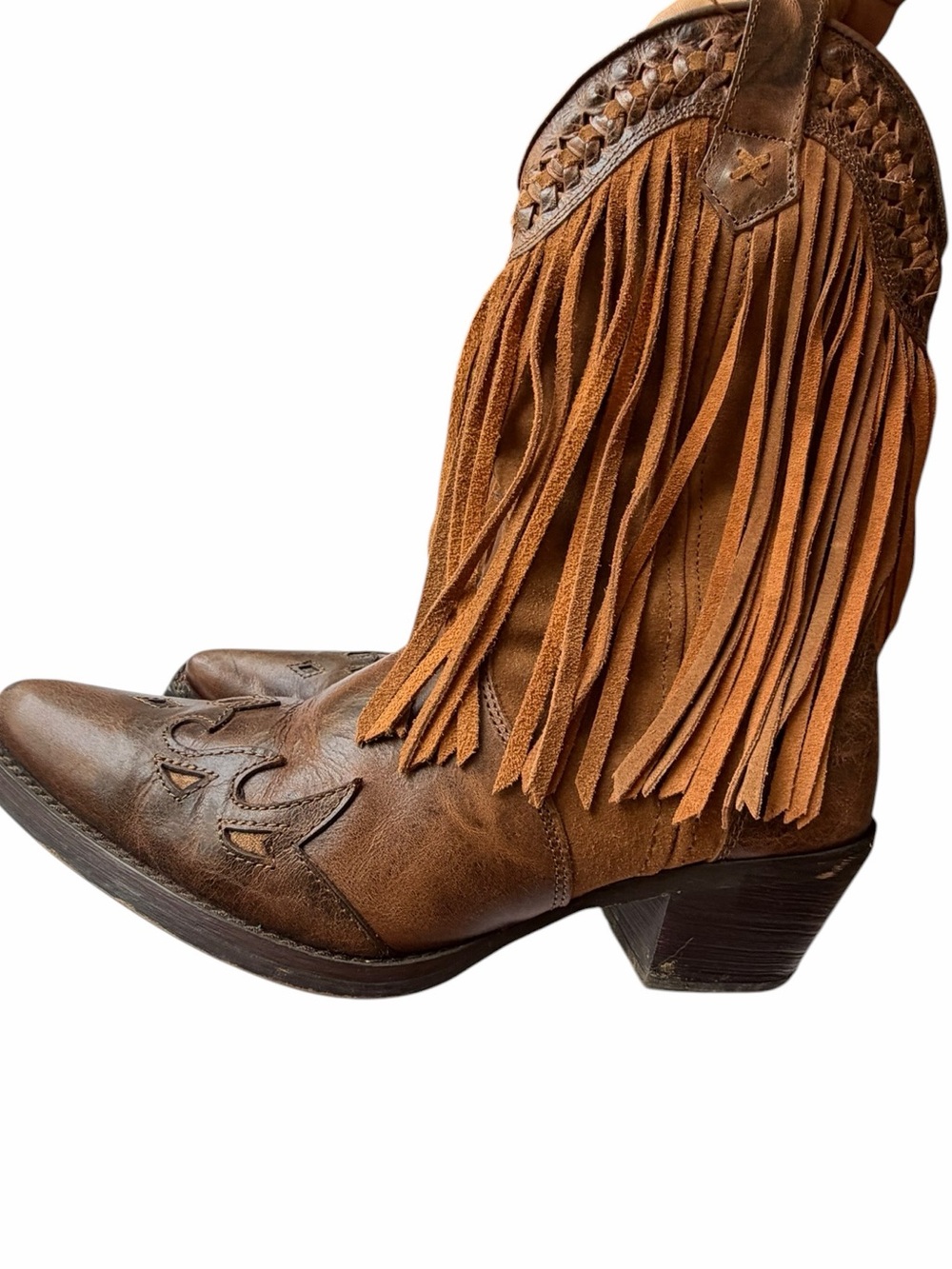 Fringed Brown Leather Western Ankle Boots size 8.5 - Picture 6 of 11